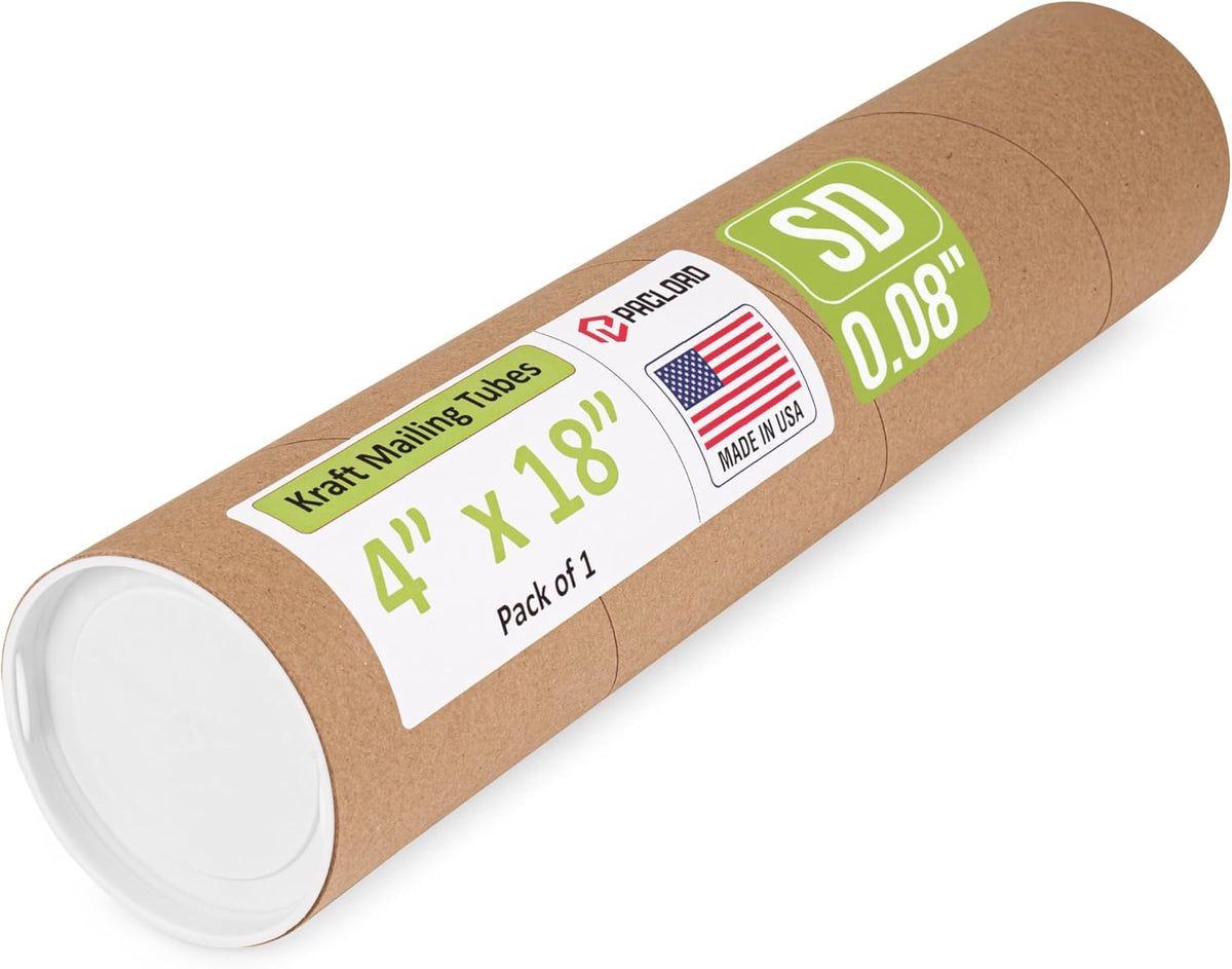 4" x 18" Reinforced Kraft Paper Mailing Tube, Pack of 1 Tube with 2 Caps – Secure USPS Approved Poster Tube – Cardboard Tube for Shipping and Storing of Posters, Prints, Artwork, or Documents