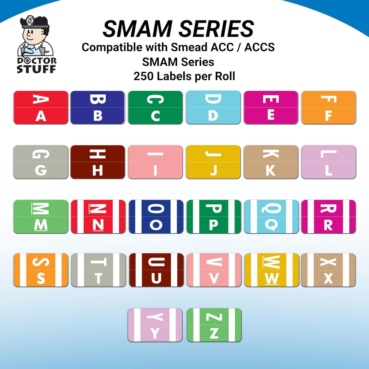 Doctor Stuff - File Folder Labels, Alphabet Letter E, Compatible with Smead Alpha Z Acc/ACCS - SMSM Series Alpha Stickers Purple, 1-5/8" x 1”, 250/Roll