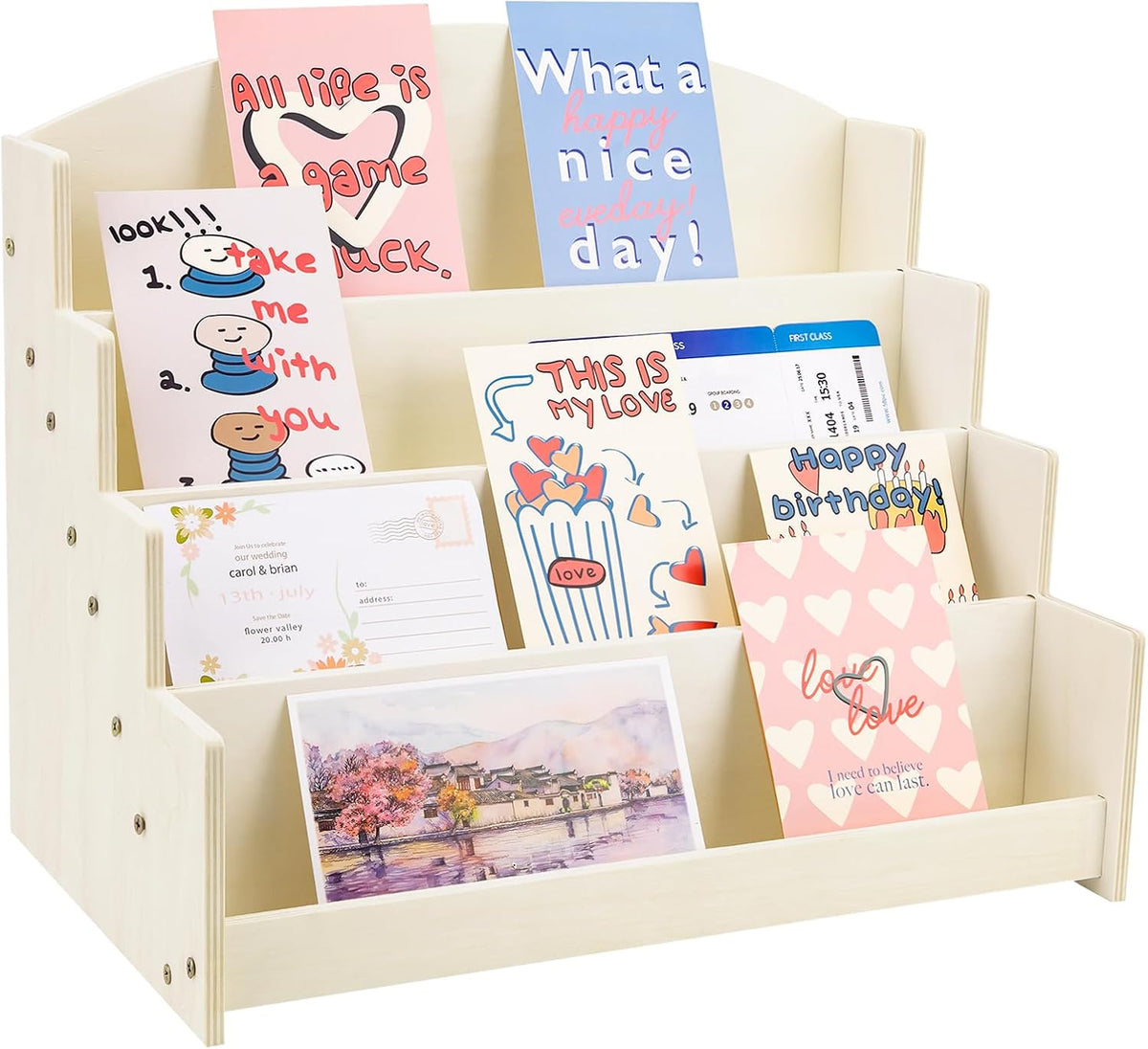 4 Tier 1Pc Wooden Greeting Card Display Stand, Sticker Organizer Rack, Retail Photos Shelf for Vendors Craft Collection, Retail Stores, Postcards, Jewelry, Snacks