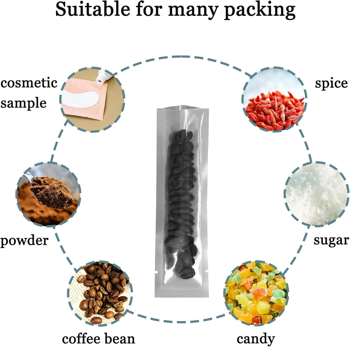PABCK 500 Pcs 2.17x9.84 inch (inside size 1.77x9.45 inch) Clear Front Vacuum Heat Sealable Foil Bag Mylar Packets for Travel Sample Packaging Candy Instant Coffee Food Storage Aluminum Foil Package