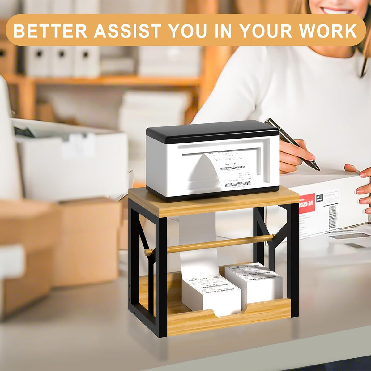 AO LI GEI Label Holder for Rolls and Fan-Fold Labels,Wooden Thermal Label Roll Holder for Shipping Label Stand Desktop Printer Holder for Home Office Accessory Sticker Dispenser