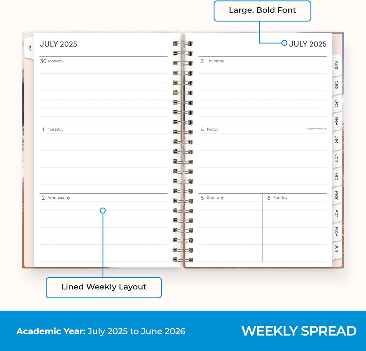 Blue Sky 2025-2026 Academic Year Weekly and Monthly Planner Calendar, July 2025 - June 2026, 12-Month, 5" x 8", Hard Cover, Wirebound, Storage Pocket, Laminated Tabs, Stickers, Ansel