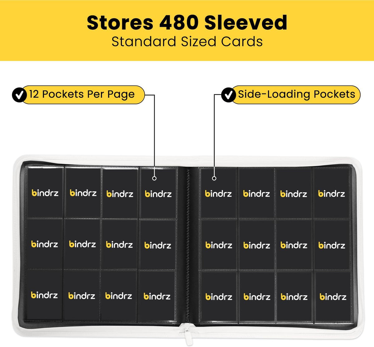 12 Pocket Zipper Binder for 480 Sleeved Trading Cards - Side Loading Pockets Album - Archival Safe Material and Compatible with TCG MTG and Sports Collectibles (White)