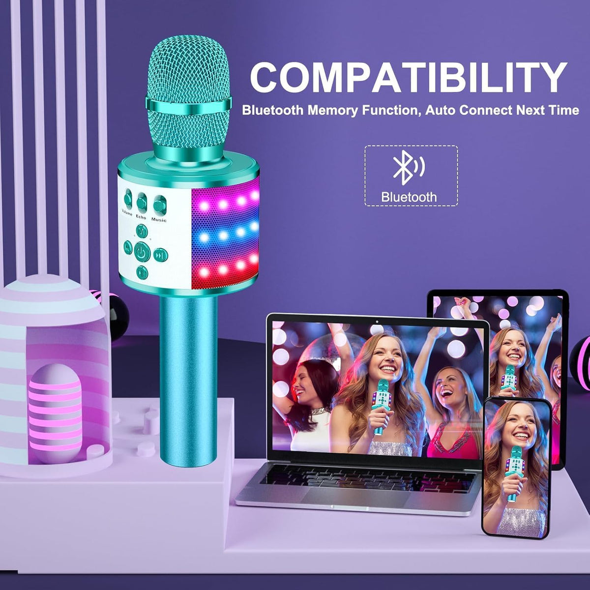BONAOK Karaoke Microphone for Kids & Adults - Bluetooth Microphones Singing Mic with Disco Lights, Echo Effect, Built-in Speaker Portable Karaoke Player for Party Travel Gifts Q78(Ice Blue)