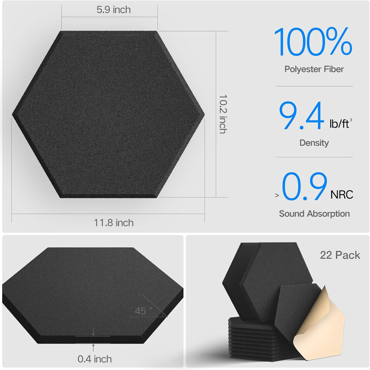 22 Pack Self-adhesive Acoustic Panels 12" X 10" X 0.4" - Sound Proof Foam Panels with High Density, Hexagonal Design, Flame Resistant, Absorb Noise and Eliminate Echoes(Black)