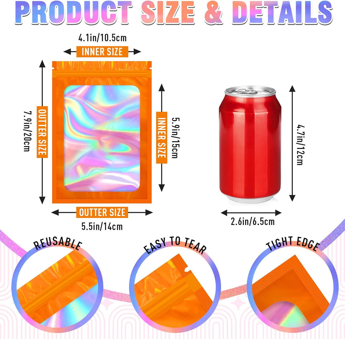 Mylar Bags, 100 PCS Smell Proof Bag, Holographic Bags, Packaging Bag (5.5x7.9 Inch)