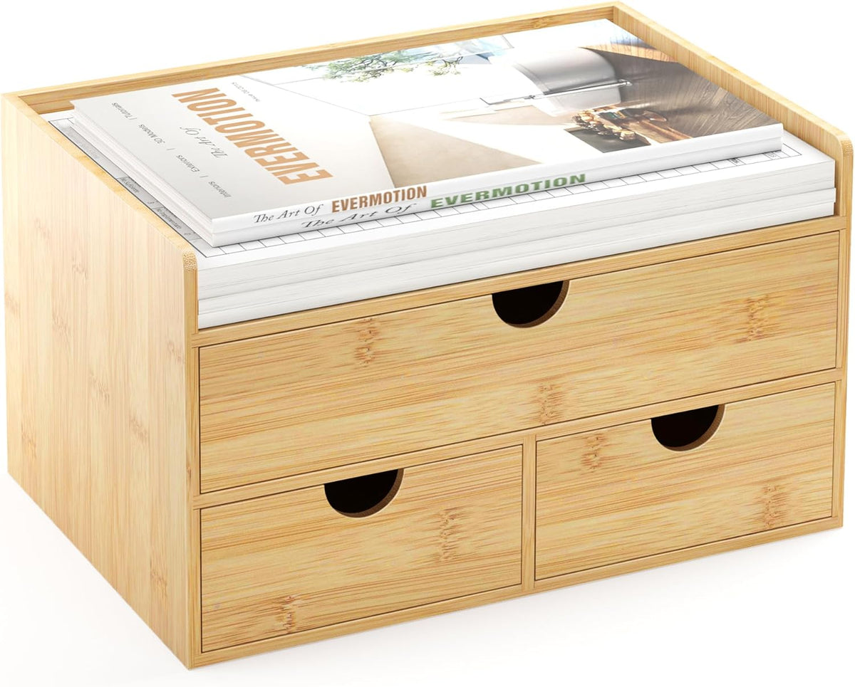 Desk Organizer with Drawers - Bamboo Desktop Organizer Storage | Wood Desk Drawers Organizer for Bills, Office Supplies, Cosmetics, Seals No Assembly Required