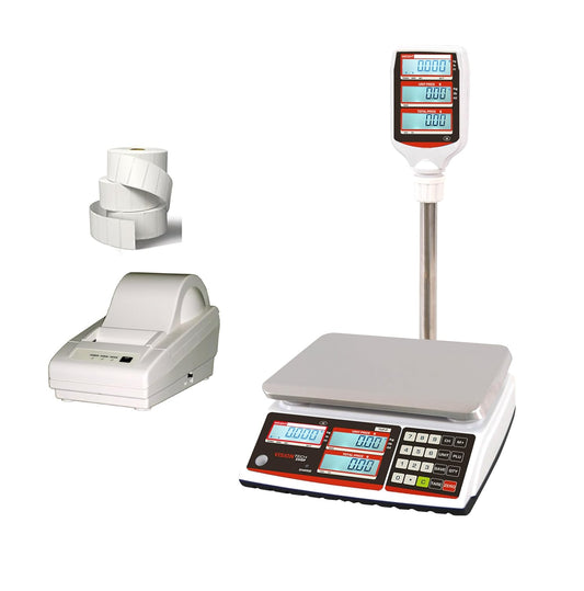 VisionTechShop TVP-12P Price Computing Scale with Pole Display, Lb/Oz/Kg, 12lb Capacity, 0.002lb Readability, NTEP, NSF Certified, LP-50 Thermal Label Printer, 1 Case of Labels LST8060