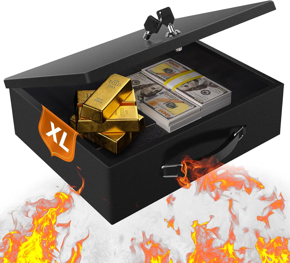 Fireproof Document Box,X Large Fire Resistant Safe Box with Key Lock for Home, Portable Fireproof Lock Box for Personal Items, Passport, Cash, Tablet, Exterior 13.2" x 11" x 4.13"