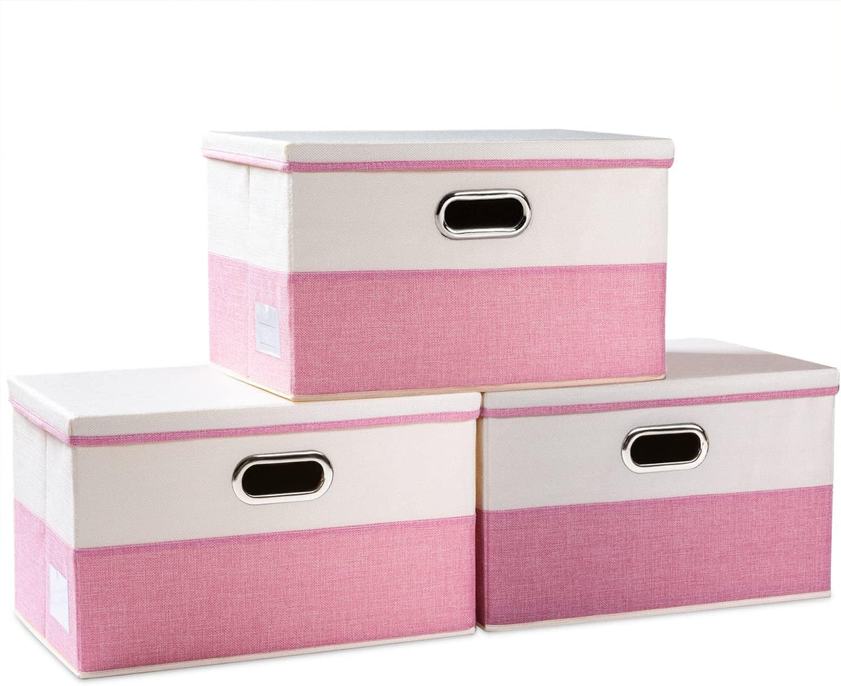 PRANDOM Large Collapsible Storage Bins with Lids [3-Pack] Fabric Foldable Storage Boxes Organizer Containers Baskets Cube with Cover for Home Bedroom Closet Office Pink&Cream(17.7x11.8x11.8)