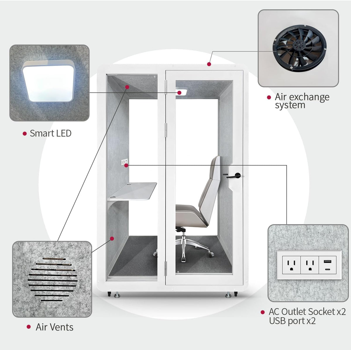 Soundproof Office Pod Booth, Quiet Meeting Pod with Acoustic Panels, Mobile Focus Room, Privacy Silent Booth for Private Phone Calling, 1-2 Person Workspace with Sound Isolation W55in D48in H92in
