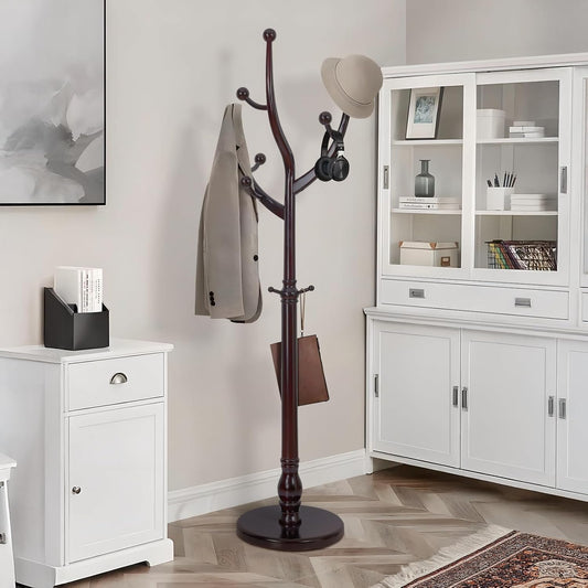 Coat Rack Tree Freestanding with Hooks, Heavy Duty Standing Wood Coat Rack with Solid Round Base, 74” Tree Shaped Coat Hanger Stand for Clothes, Hat, Jacket, Entryway Bedroom, Red Brown