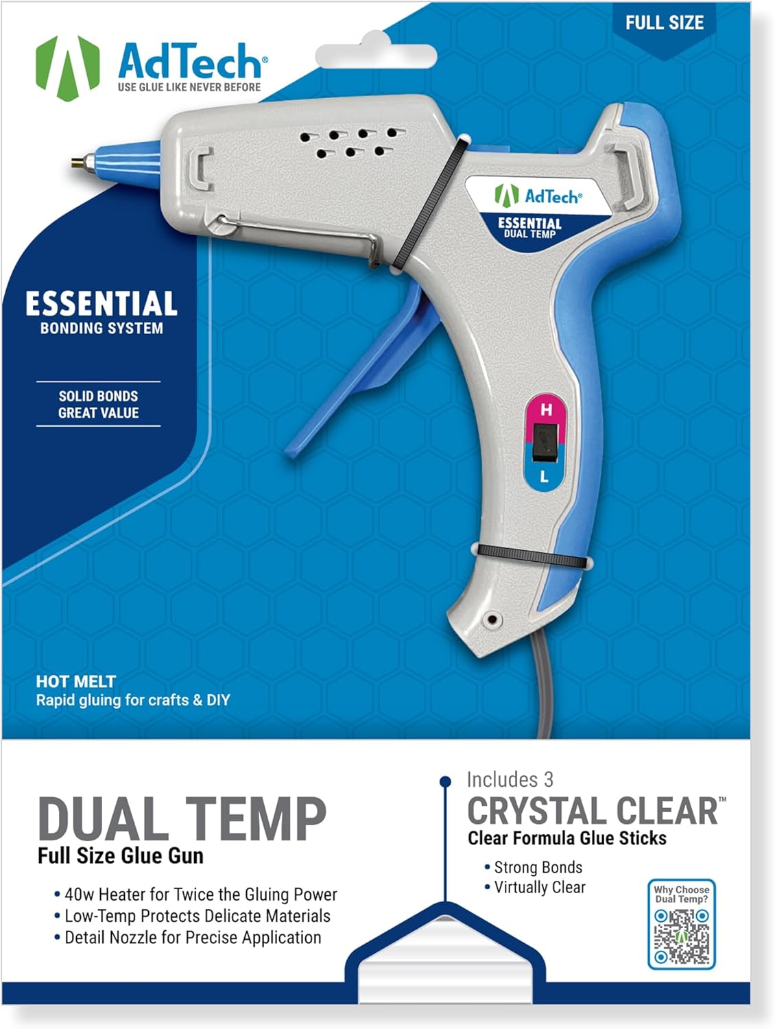 AdTech Essential Dual-Temp Hot Glue Gun | High & Low Temp for Crafting, DIY & Repairs | Ergonomic Design, 5-Foot Cord & Built-in Stand | Bonds Wood, Fabric, Metal & More