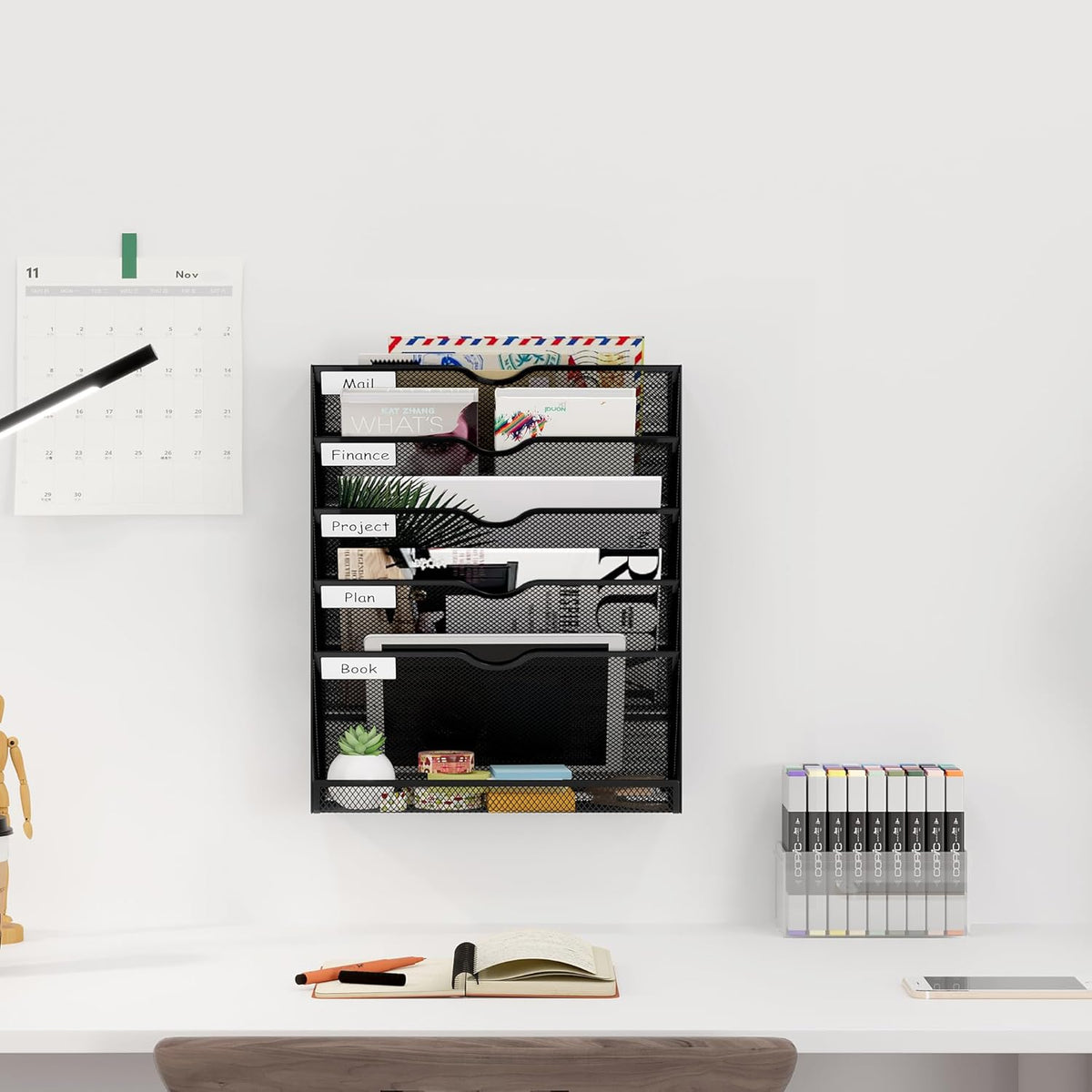 EasyPAG 5-Tier Wall File Holder, Mesh Hanging Folder Organizer with Classify Label, Versatile Desk File Organizer for Office Home, Vertical Wall Mounted Mail Sorter, Sides Closed, Black