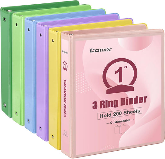 COMIX Standard 3 Ring Binder 1 inch with Clear View Cover, 1" Round Ring View Binder Holds 200 Sheets of US Letter Size Paper, 6 Pack (Multicolored)