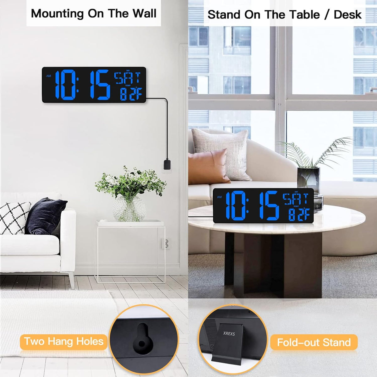 XREXS Large Digital Wall Clock with Remote Control, 16.5 Inch LED Large Display Count Up & Down Timer, Adjustable Brightness Plug-in Alarm Clock with Day/Date/Temperature for Home, Gym, Office