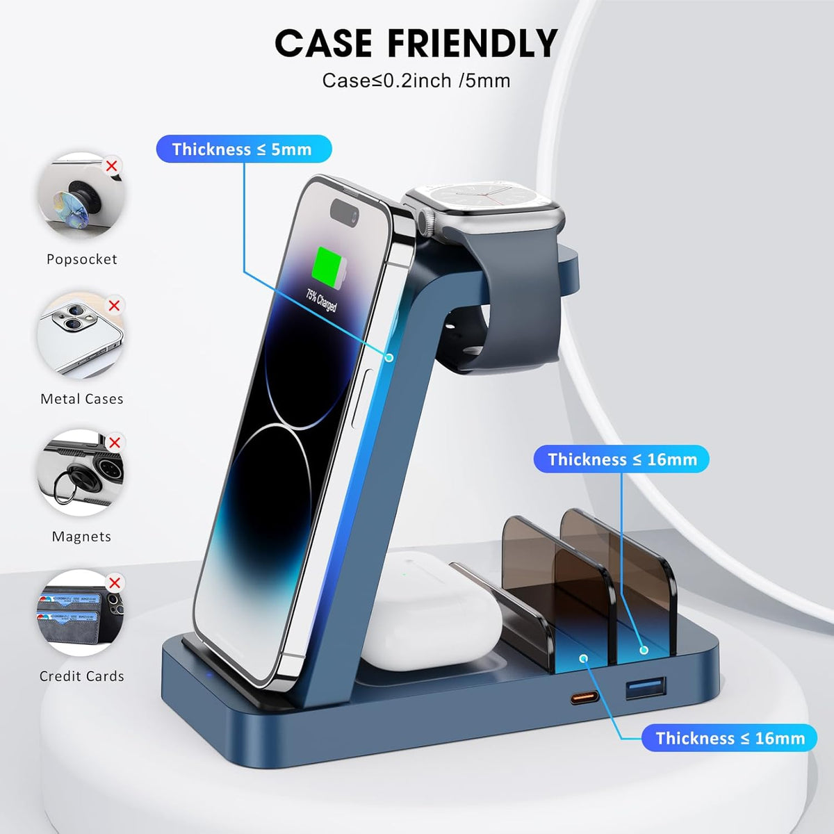 Wireless Charger for iPhone - 5 in 1 Charging Station for Multiple Devices Apple: Fast Wireless Charging Stand Dock for iPhone 17 16e 16 15 14 13 12 Pro Max Apple Watch Airpods(Blue)