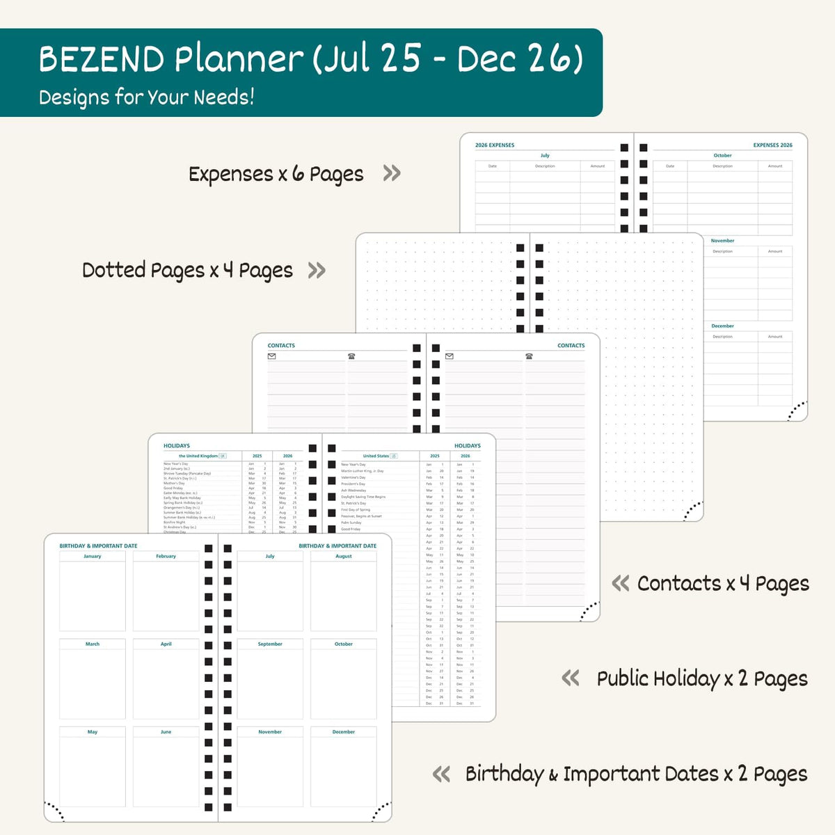 BEZEND Pocket Planner 2025-2026 Weekly with 2 Columns, 18-Month Academic Calendar (Jul 25-Dec 26), Life Work App., Storage Pocket, Pen Holder, PU Leather Softcover 3.5" x 6" Spiral - Mustard