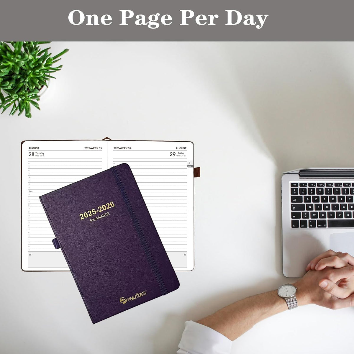 Daily Planner 2025-2026, One Page Per Day, Academic Planner (July 2025 - June 2026), Appointment Book with Time Slots and Monthly Tabs, 5.7" x 8.25", Pocket, Leather Cove (Purple)