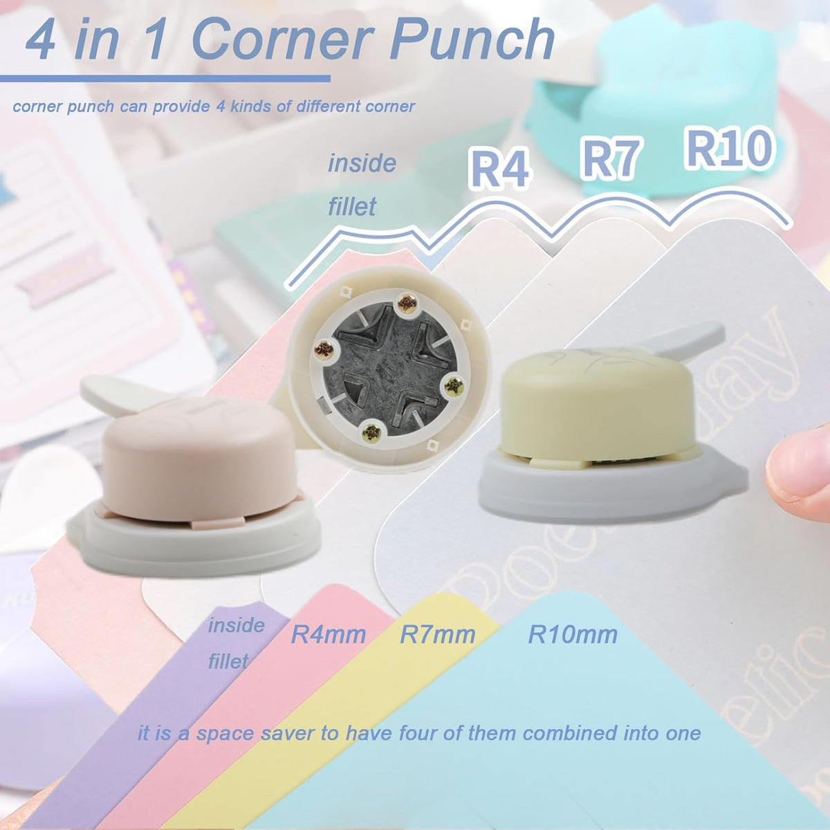 Corner Punch 4 in 1 Corner Rounder Punch (R4+R7+R10+Inside Corner) Corner Cutter for DIY Scrapbooking Photo Tags (Yellow)