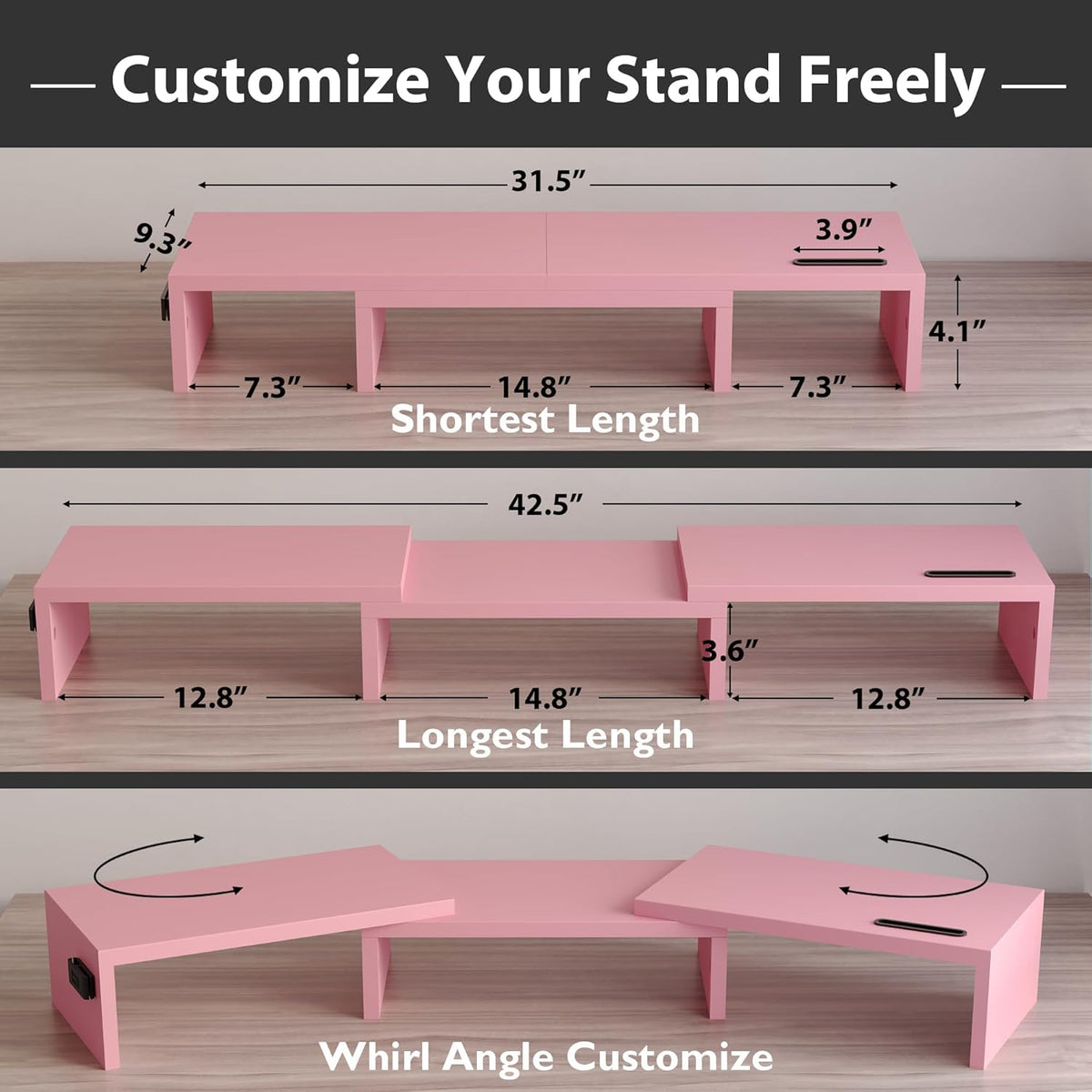 BONTEC Dual Monitor Stand for Desk, Adjustable Length and Angle Monitor Stand Riser with Smartphone Holder, Desk Shelf for Top of Desk, Computer Monitor Stand with Storage, Office Desk Organizer, Pink