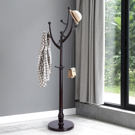 Tree Coat Rack Freestanding with Round Base, Unique Coat Hanger Stand, Heavy Duty Standing Coat Rack Clothes Stand for Winter Jacket, Hat, Entryway/Hallway/Bedroom, Red Brown