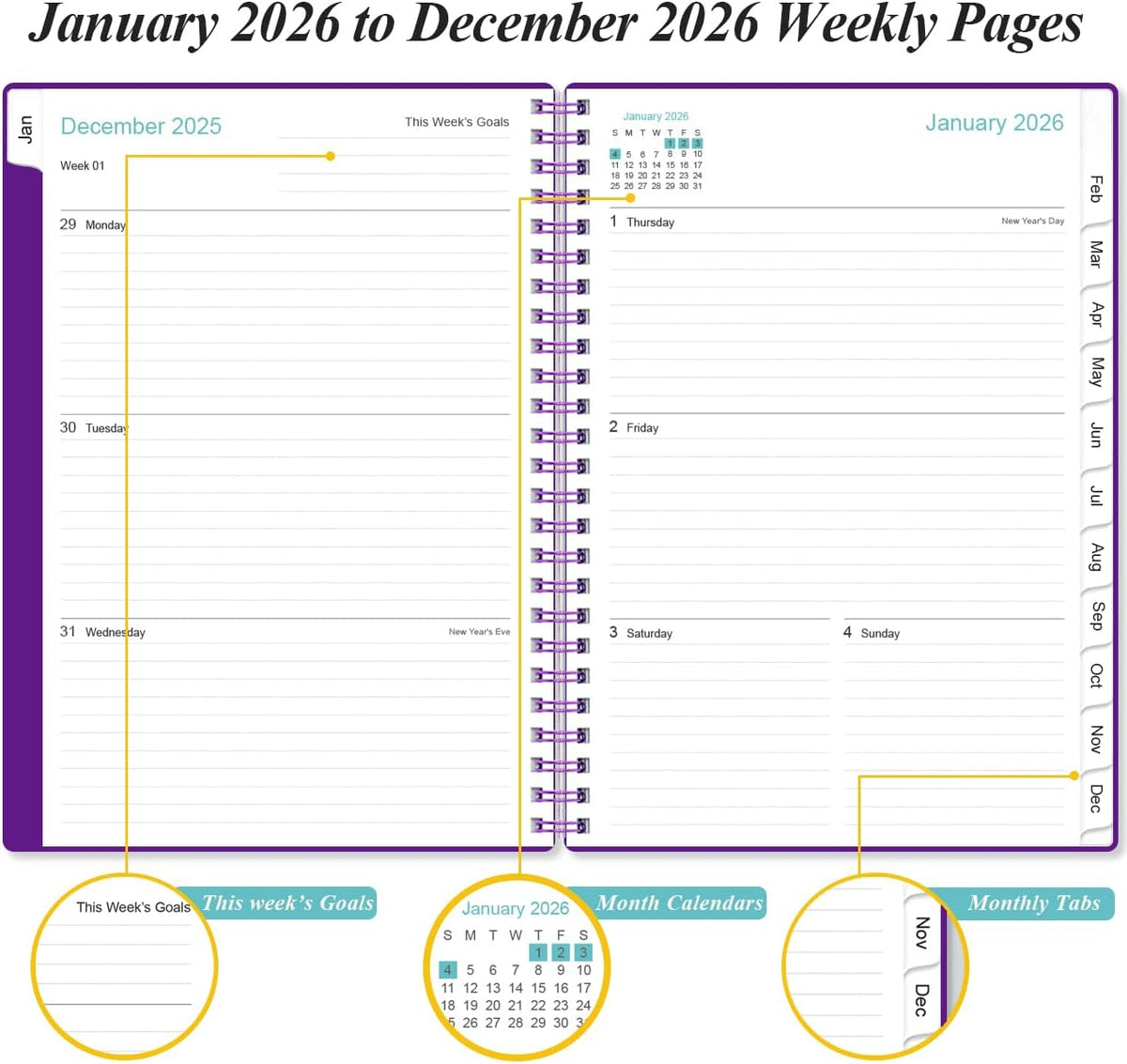 2026 Planner - Weekly and Monthly Calendar Planner from Jan 2026 - Dec 2026, Planner 2026 Spiral Bound with 12 Monthly Tabs, Inner Pocket, Perfect for School Office Supplies, 6.4" x 8.5", Purple-C