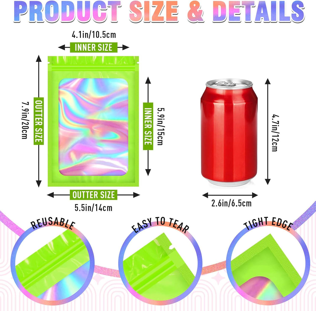 Mylar Bags, 100 PCS Smell Proof Bag, Holographic Bags, Packaging Bag (5.5x7.9 Inch)