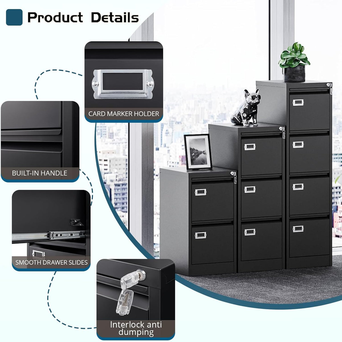 4 Drawer Filing Cabinets with Lock, Metal File Cabinet with 4 Drawers, Home Office File Folders Cabinet for Letter Legal A4 File Size