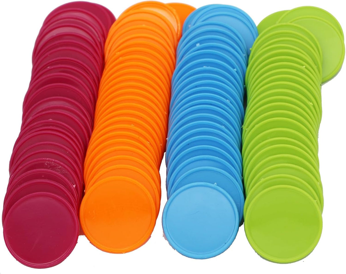 Set of 100 Opaque Plastic Learning Counters Mini Poker Chips Game Tokens with Storage Box (Mediumvioletred+Lawngreen+Deepsky Blue+Orange, 1.26 Inch)