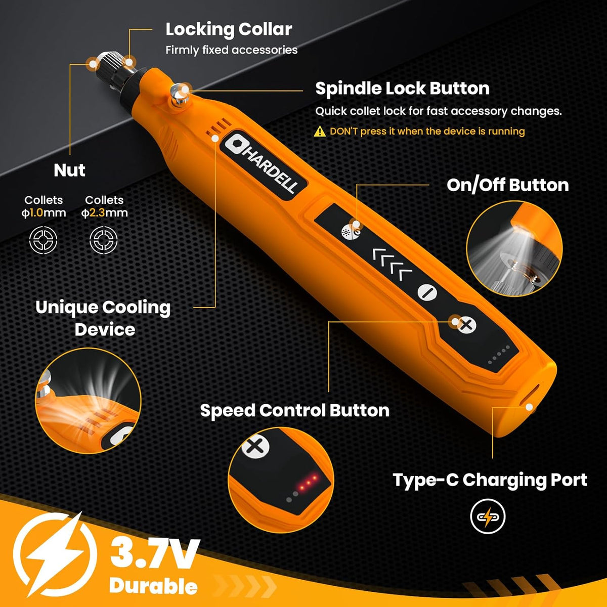 HARDELL Mini Cordless Rotary Tool 3.7V, 5-Speed and USB Charging with 35 Accessories, Multi-Purpose Power Rotary Tool for Sanding, Polishing, Drilling, Carving, Engraving, DIY Crafts
