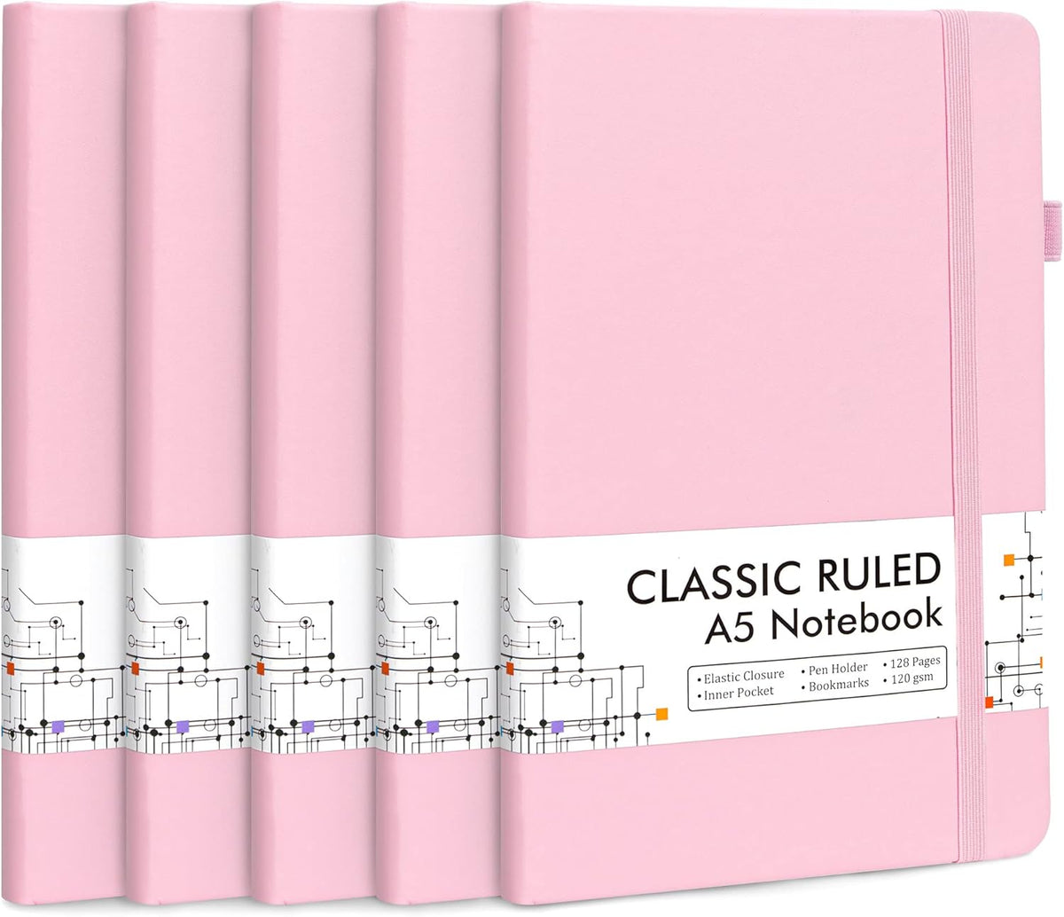 feela 5 Pack Notebooks Journals Bulk, Hardcover Notebook Classic Ruled Lined Journals with Pen Holder for Women Girls School Business Supplies, with 5 Black Pens, 120 GSM, 5.1”x8.3”, A5, Rose Pink