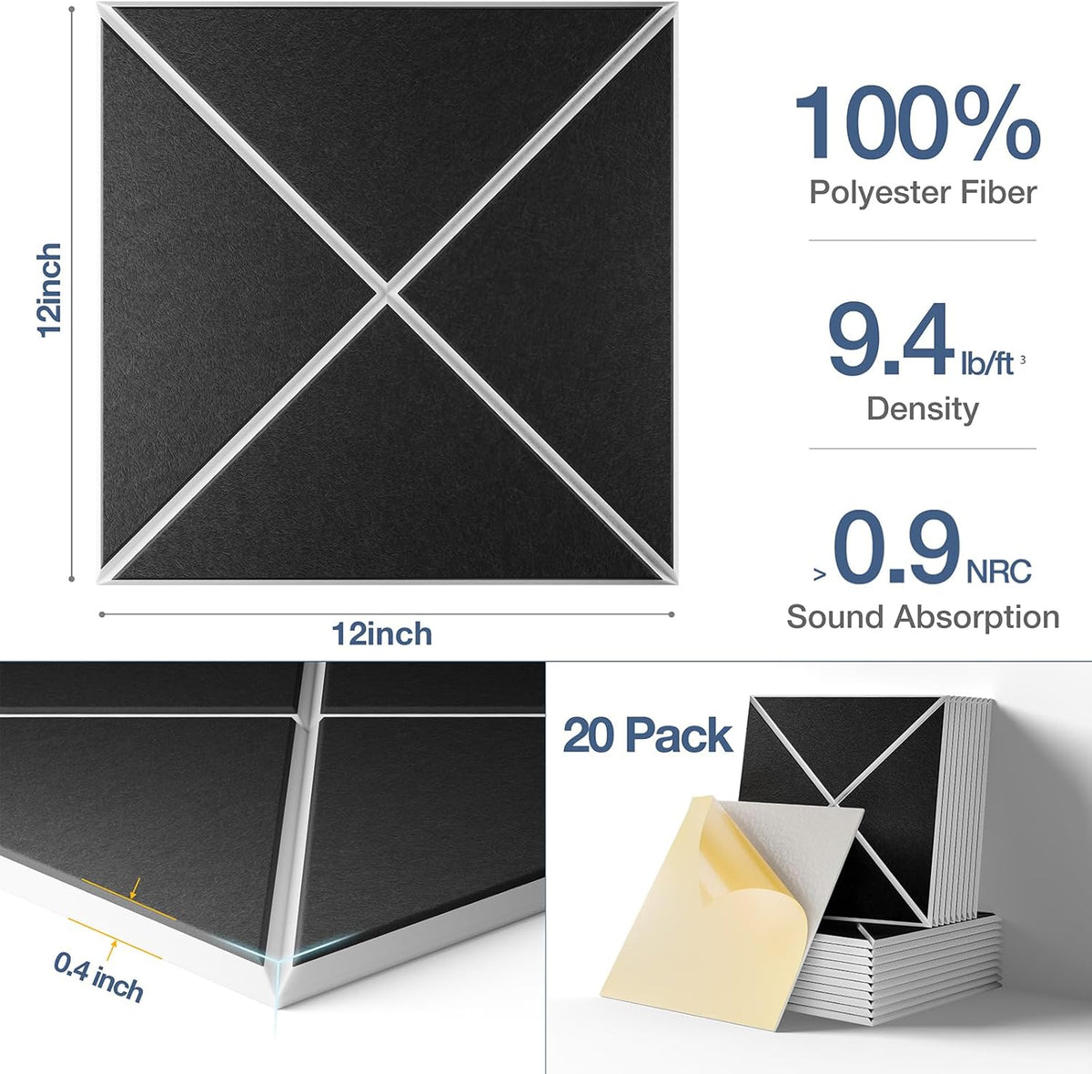 22 Pack X-Line Design Acoustic Panels, 12" X 12" X 0.4" Self-Adhesive Sound Proof Foam Panels for Walls, Soundproof Wall Panels for Home & Office (Black on White)