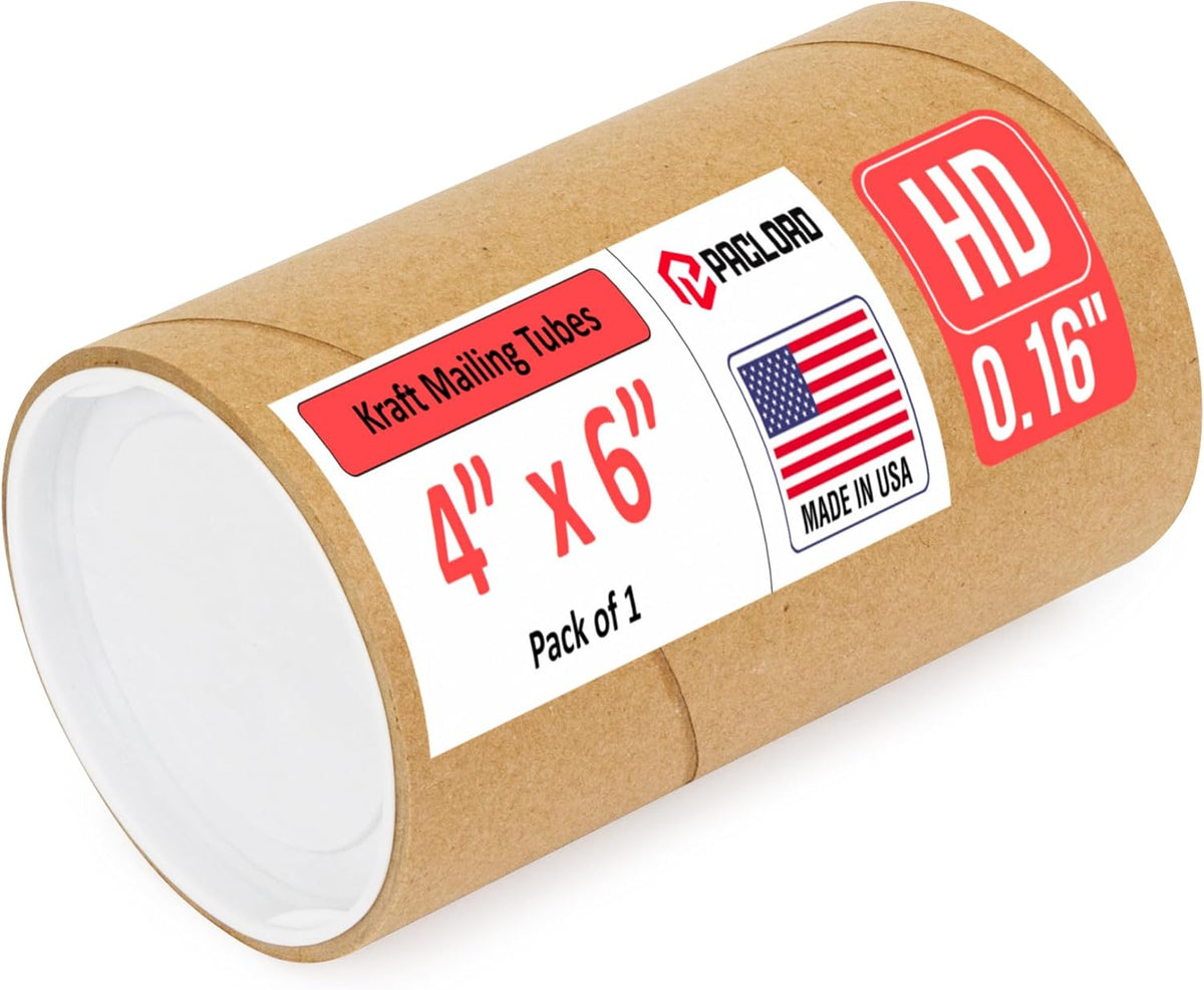 4" x 6" Heavy-Duty Reinforced Cardboard Mailing Tube, Pack of 1 Tube with 2 Caps – Secure USPS Approved – Great for Shipping and Storing of Prints, Artwork, Posters or Documents