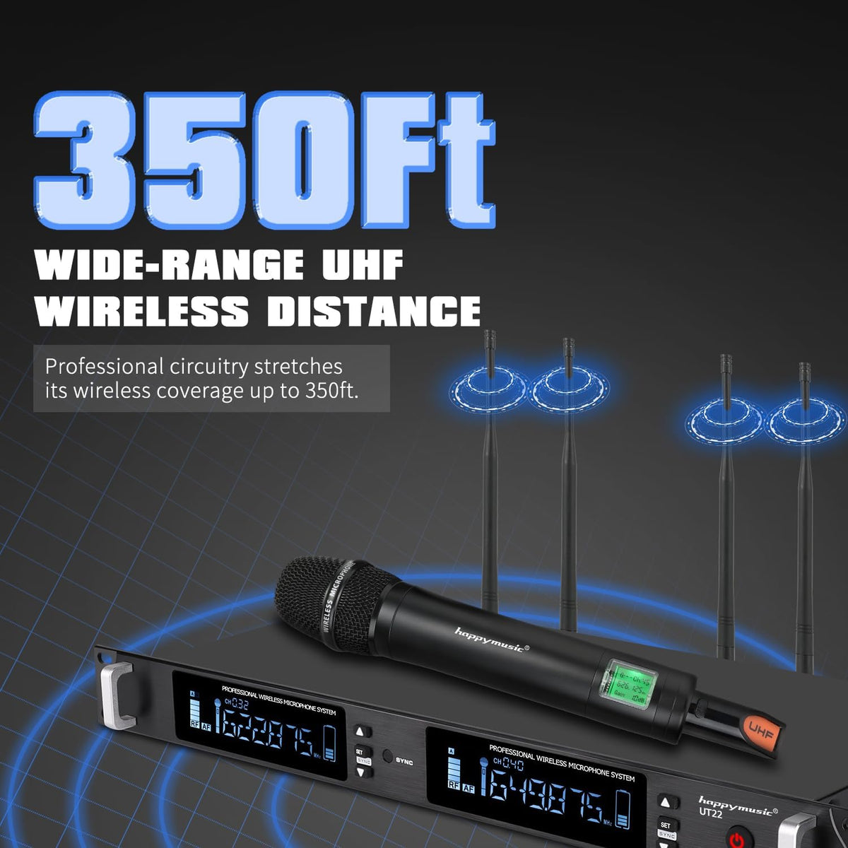 Professional UHF Wireless Microphone System, 2 Channel Metal Microphone Set of 2 Handheld Cordless Mics, Auto Scan,2*100 Frequenciens,Up to 350ft for Singing, Karaoke, Church, Wedding (UT22)
