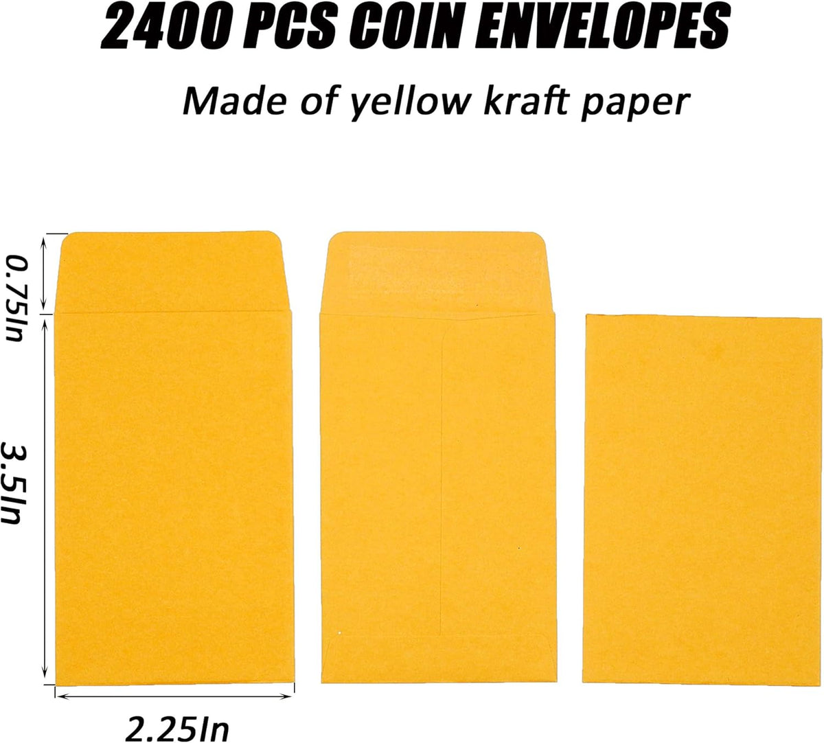 #1 2400 Pcs Small Coin Envelopes 2.25" x 3.5" with Gummed Flap, Yellow Kraft Mini Envelopes for Storing Keys, Stamps, Seeds, Tips and Small Items (2400)