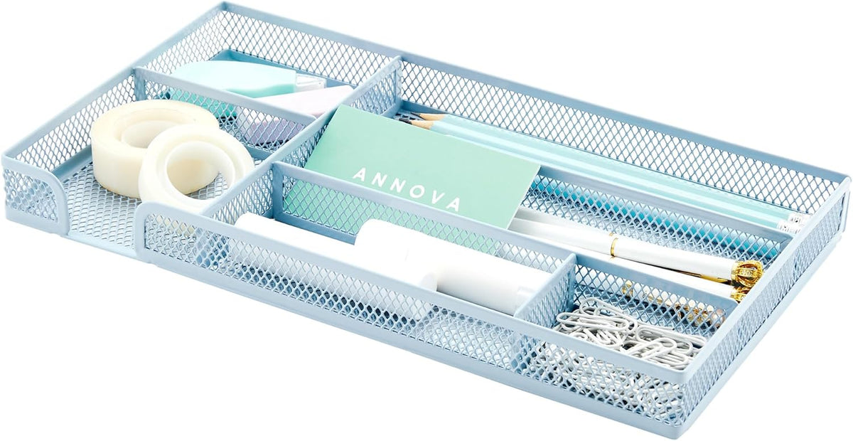 Annova Desk Drawer Organizer/Storage Tray - Metal Mesh with Dividers for Pens, Desktop Accessories, Bathroom, Kitchen, Makeup and Office Supplies (Small, Morandi Blue)
