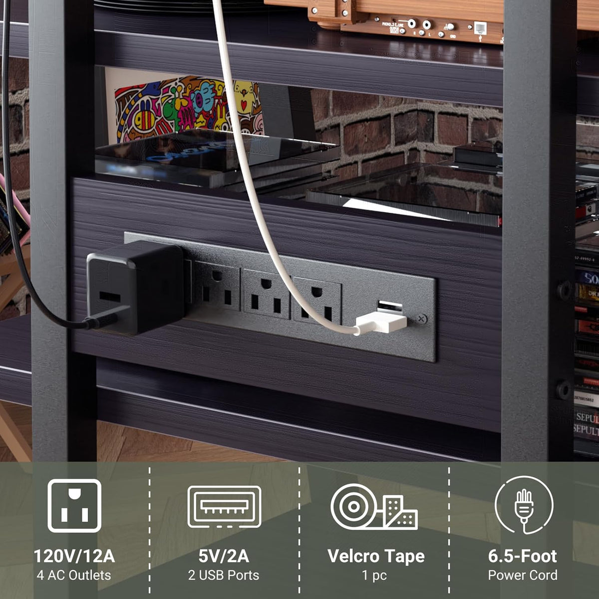 AV Media Stand with Outlets, Stereo Stands and Racks with Vinyl Storage, Stereo Stand with Record Storage, Audio Stereo Rack Cabinet, Turntable Console Stand with LED lights, 4 Tiers, Black Ebony