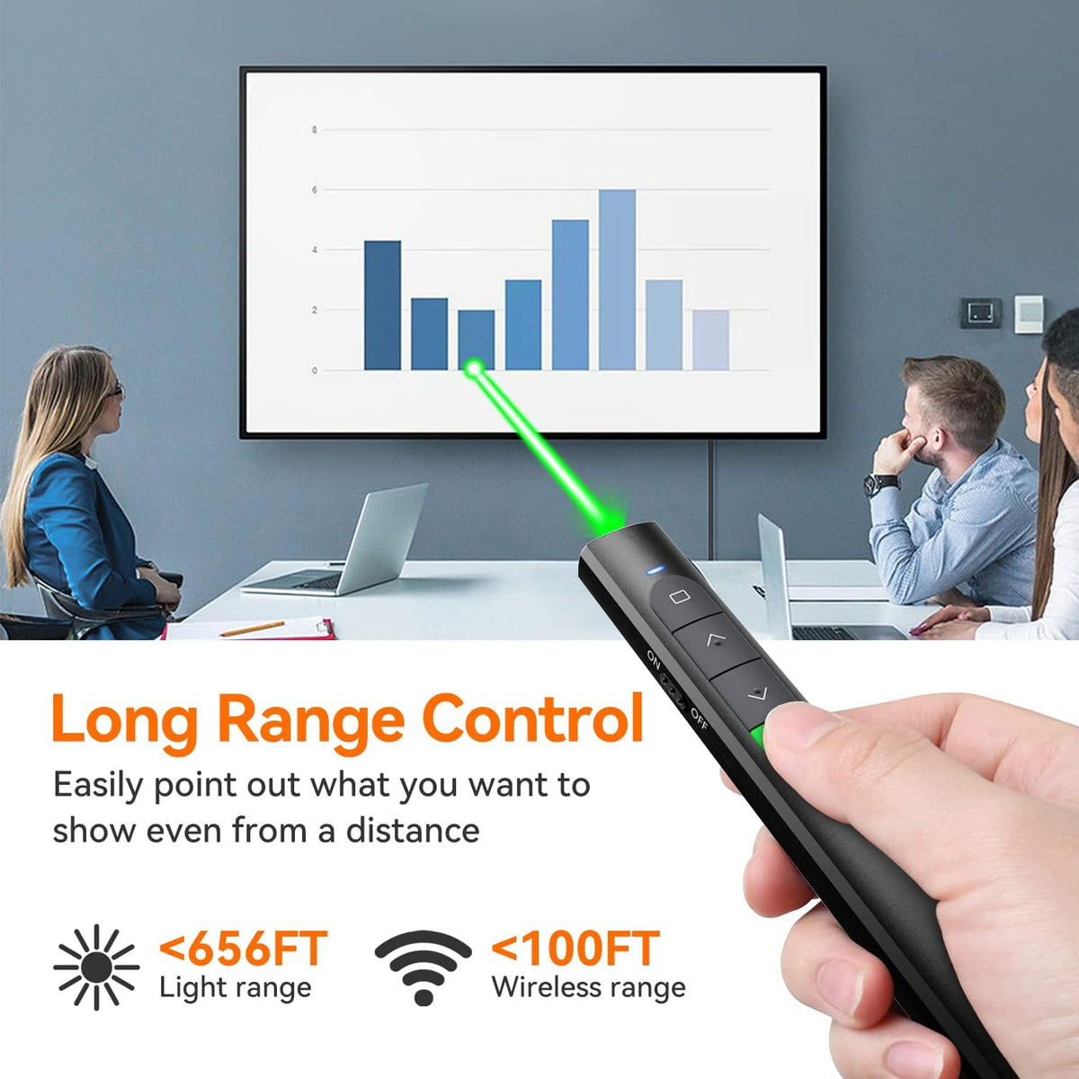 Wireless Presentation Clicker PowerPoint Presenter Remote: Rechargeable Green Laser Pointer Clickers for Computer/Mac/PPT/Slideshow/Google Slide Advancer
