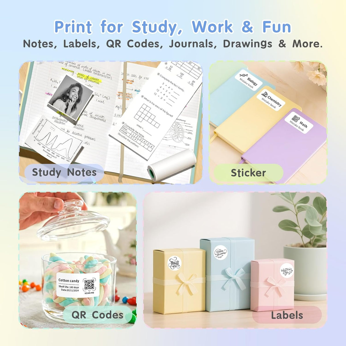 JD-23 Sticker Printer, Mini Portable Thermal Printer Print Pod, Inkless Bluetooth Label Maker with Smart App for Phone & Tablet for Office & Home Use, 2 Rolls Sticker Paper, White
