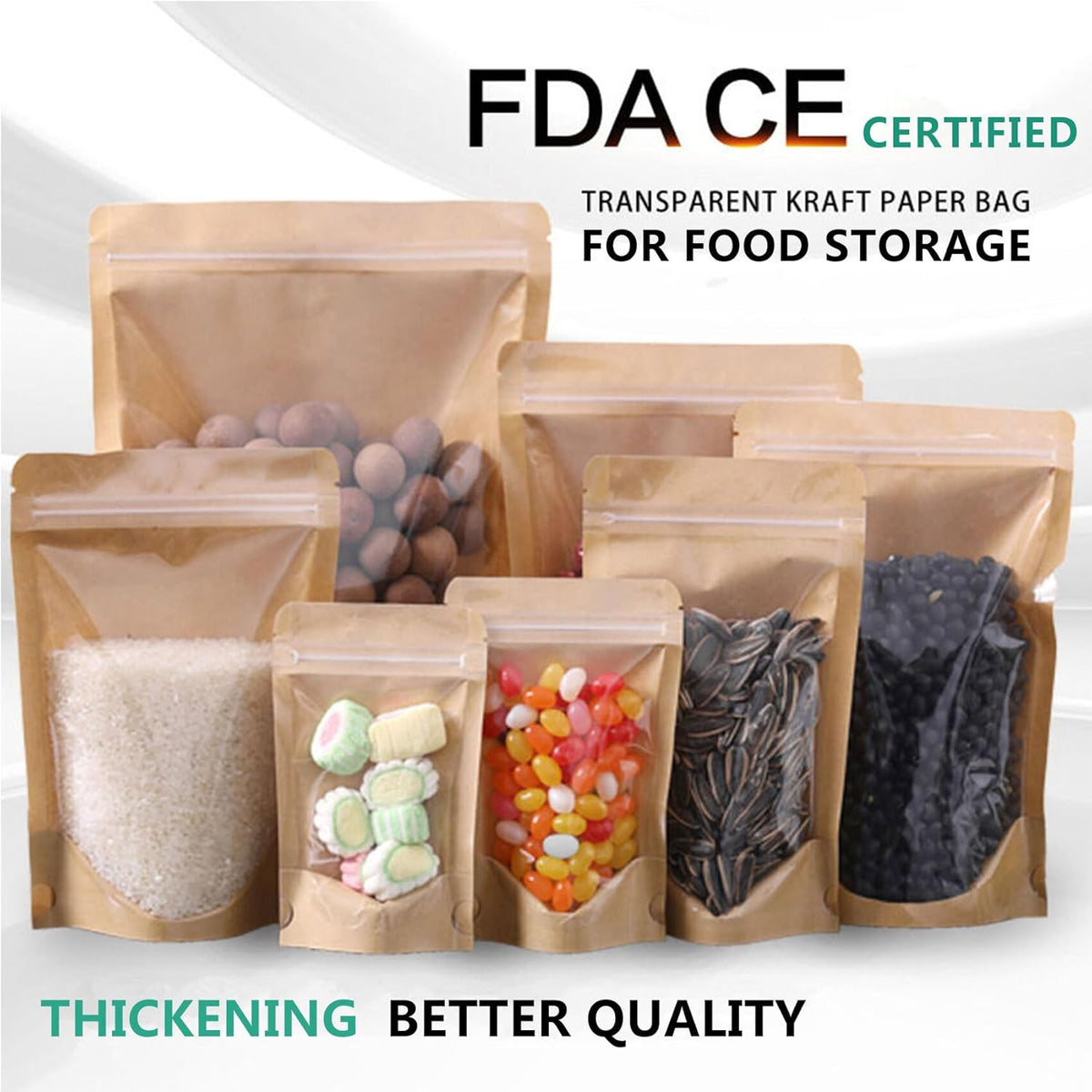 50pcs Kraft Bags With Window Clear Fornt Pouches Resealable Stand Up Zip Lock Food Storage Bags Brown 10"x14"