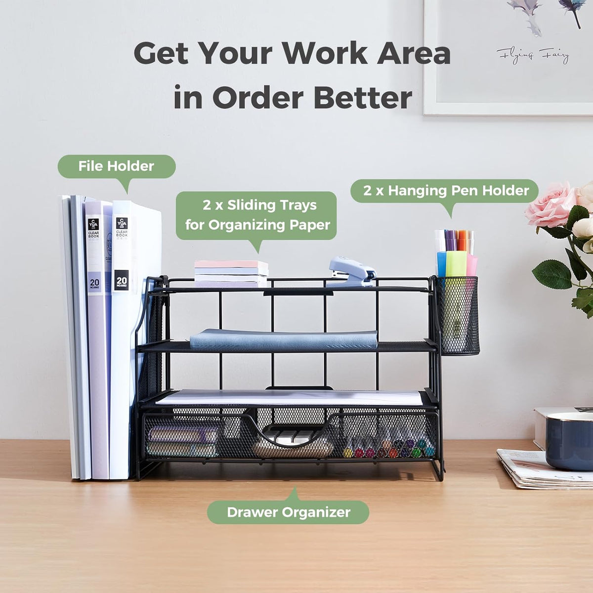Desk Organizers and Accessories, 4 Tier Paper Letter Tray Organizer Holder Desk Organization with Drawer, Mesh Desktop Organizer with Vertical File Holder Workspace Accessories for Office Supplies