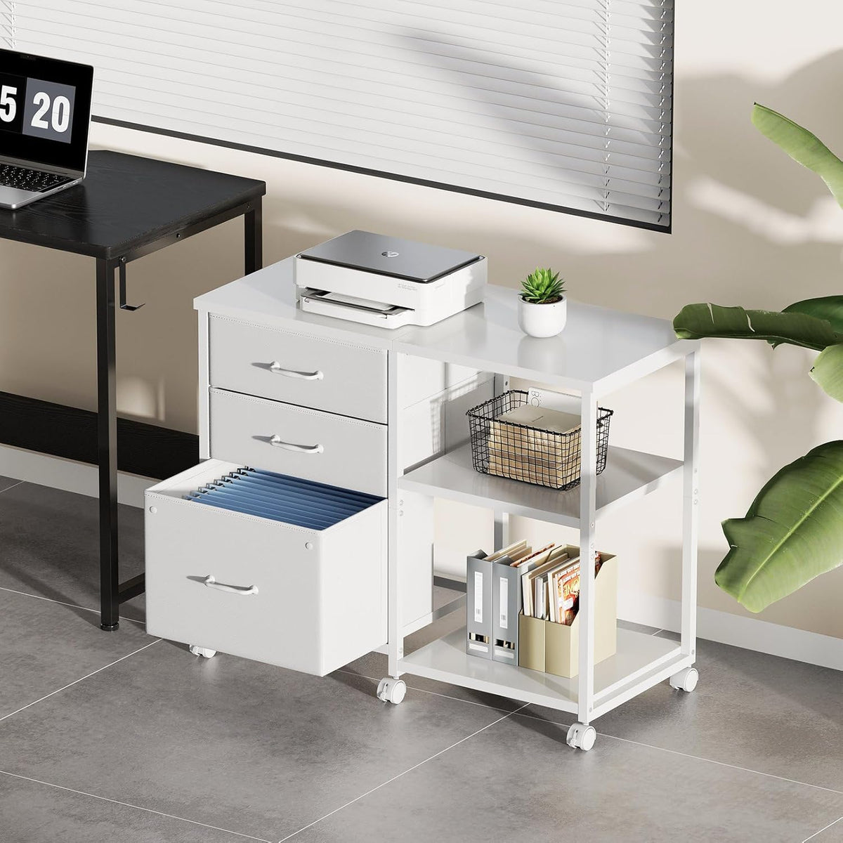 3 Drawer File Cabinet with Wheels Rolling Printer Stand with Open Storage Shelf Fabric Lateral Filing Cabinet for Home Office,White
