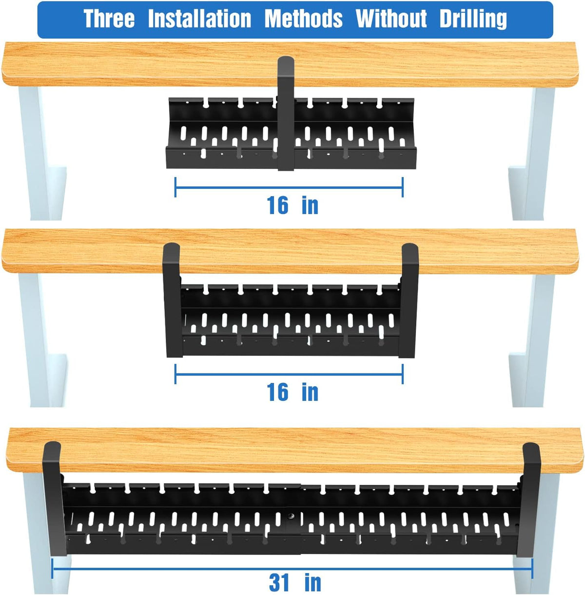 No Drilling Extendable Under Desk Cable Management, Metal Cable Management Tray Under Desk with Clamp, Retractable Power Strip Cord Holder for Wire Management 31Inch(1 Pack Black Extendable 31')