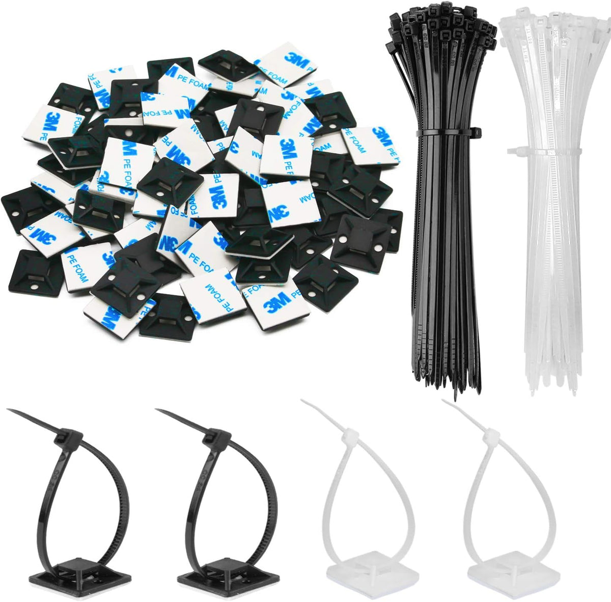 100 Pack 1.1 inch Zip Tie Adhesive Mounts Self Adhesive Cable Tie Base Holders with Multi-Purpose Tie wire clips with screw hole,Anchor stick on wire holder with 8 inch zip ties（Black&White）