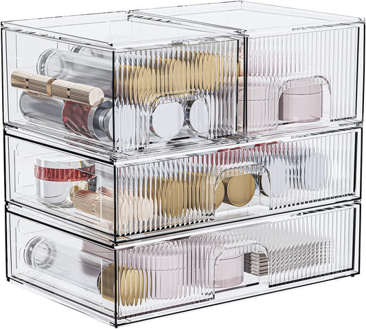 ZHIAI Stackable Storage Box, Acrylic Organizer, Cosmetic Organizer for Cosmetics and Beauty Products for Dressers, Bathrooms, Cabinets, Bedrooms and Home Organization 4 Piece Set
