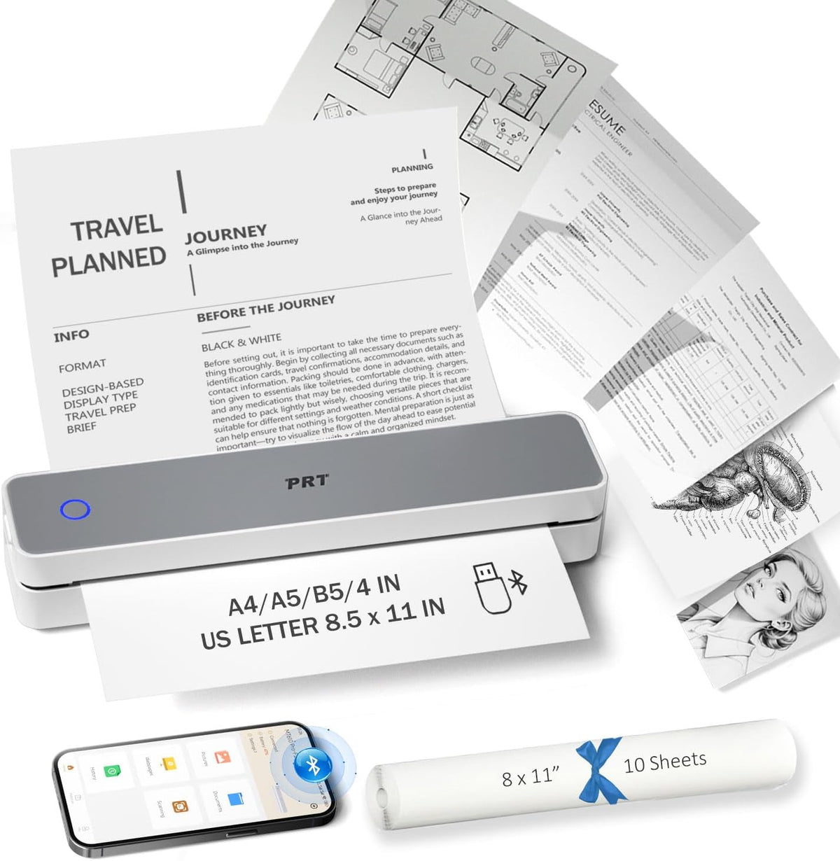 Inkless Portable Printer for Travel, Wireless Thermal Printer Support 8.5 x 11 Inch US Letter A4 B5, Bluetooth Mobile Printers with iOS, Android, Laptop for Home Use, Car, Office, School, Grey