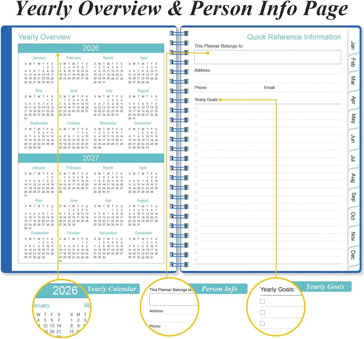 2026 Planner - Planner 2026 from January 2026 - December 2026, Weekly & Monthly Planner Spiral Bound with 12 Monthly Tabs, Inner Pocket, 6.4" x 8.5", Blue