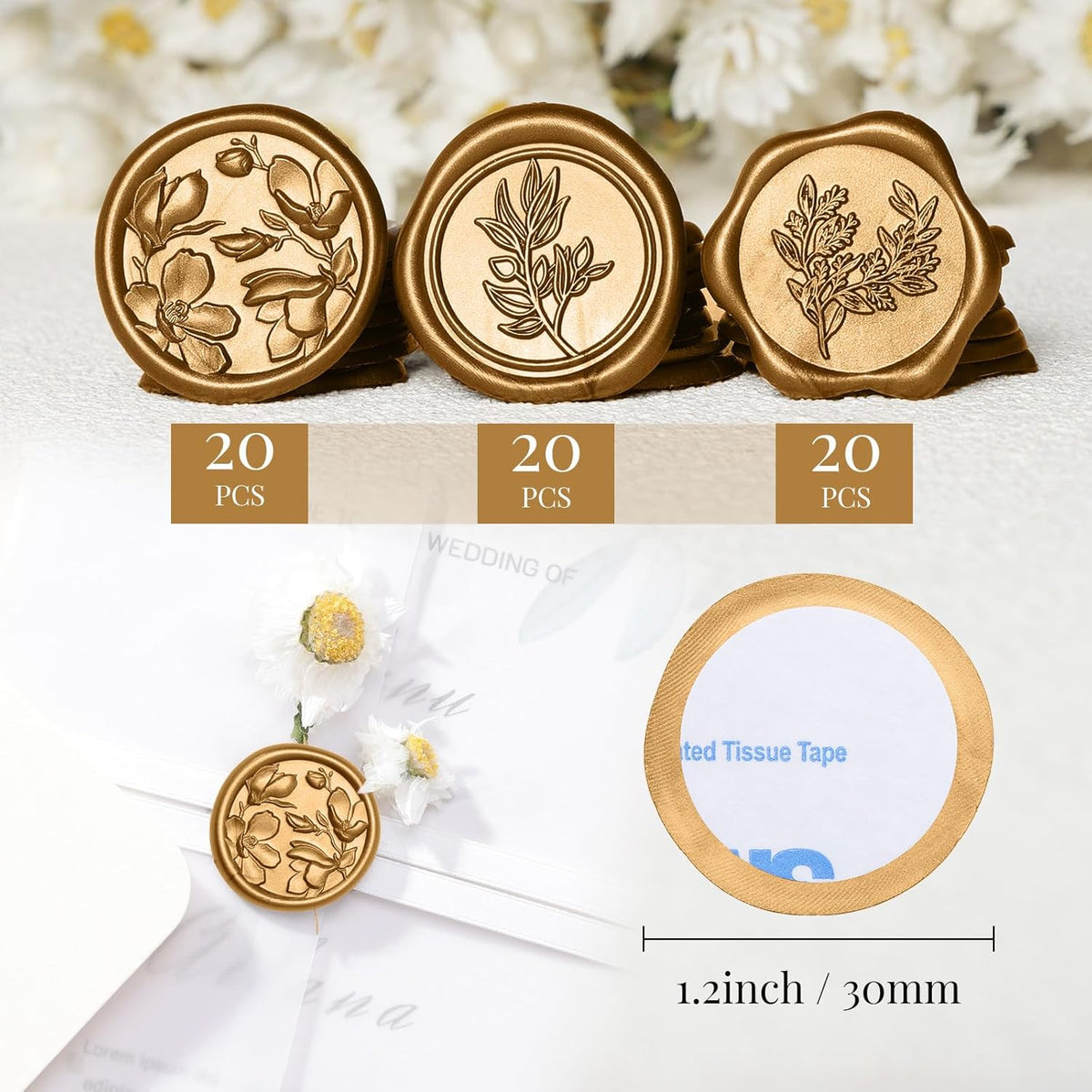 UNIQOOO Wax Seal Stickers - (3 Designs in 1 Pack) Wedding Invitation Envelope Seal Stickers, 60 Pcs Self-Adhesive Stickers, Perfect for Invitation, Christmas, Gift Wrapping (Anti Gold)