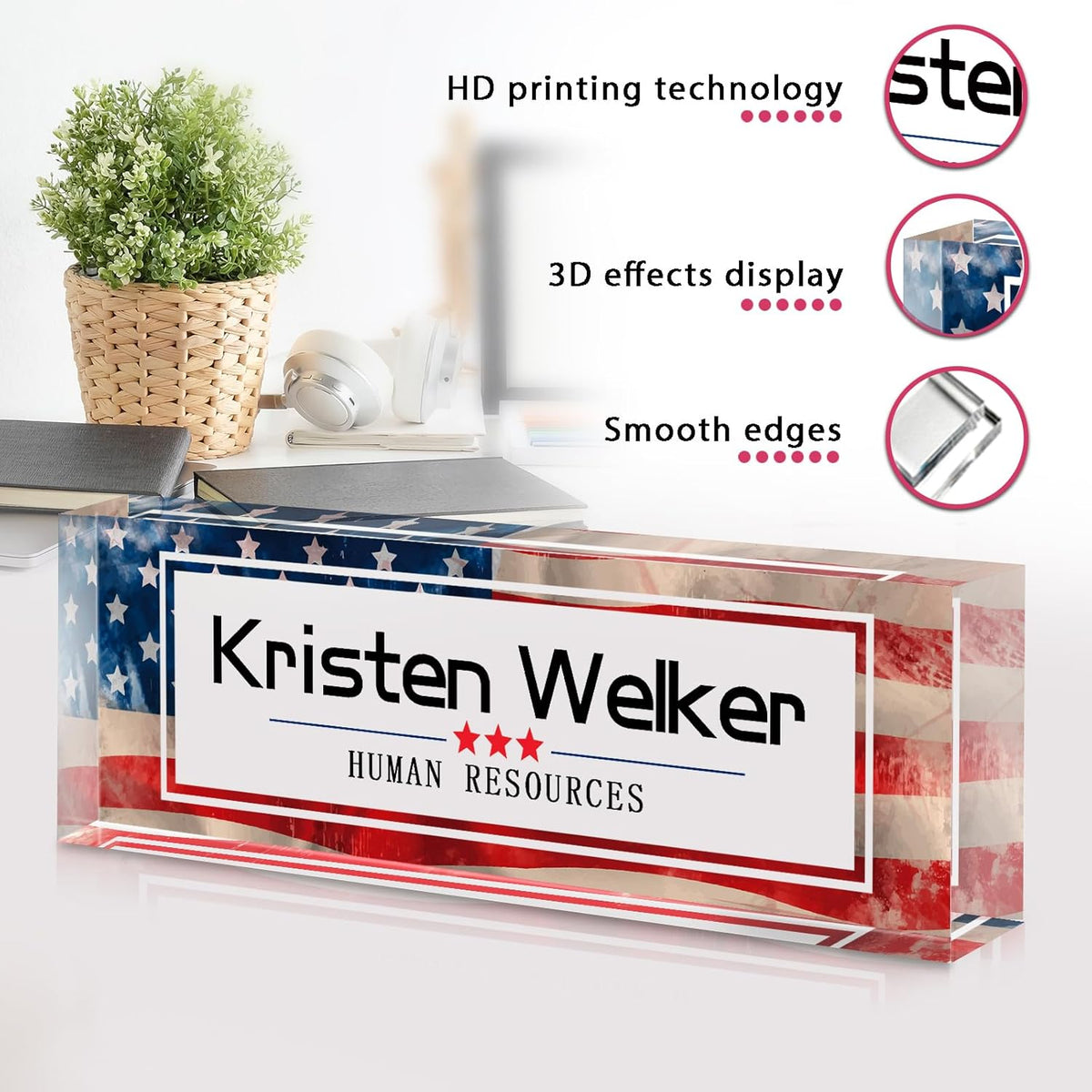 Personalized Name Plate for Desk - Custom Engraved Name Plates for Man - Boss Day Gifts for Boss - Acrylic Office Decor Appreciation Gifts for Teacher Nurse Coworker Social Worker (Flag)